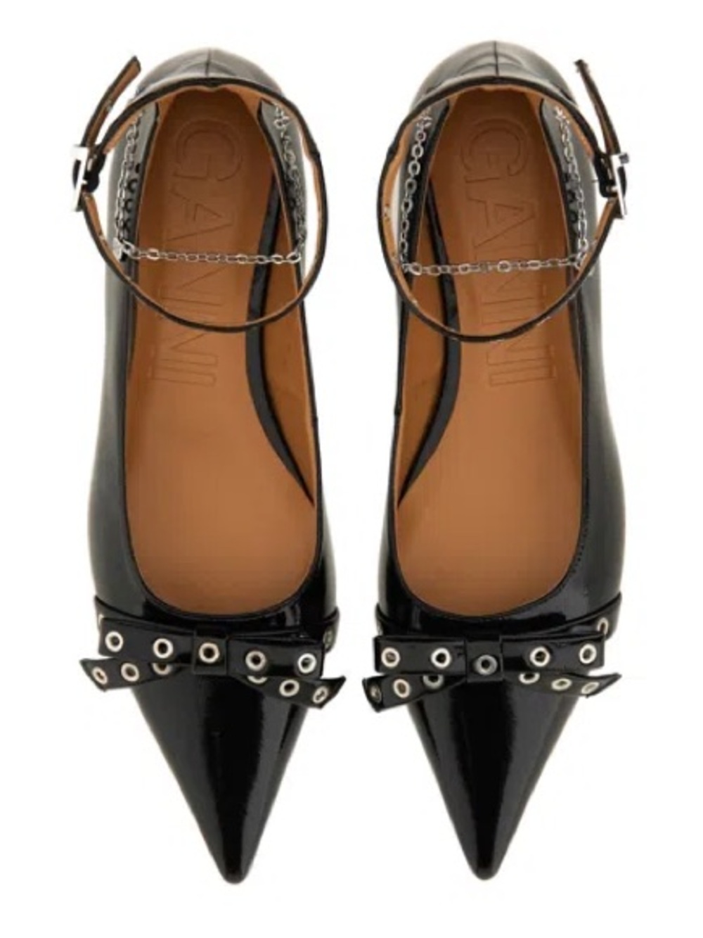 Ganni Black Patent Pointed-Toe Ankle-Strap Flats with Eyelet Bow Detail
